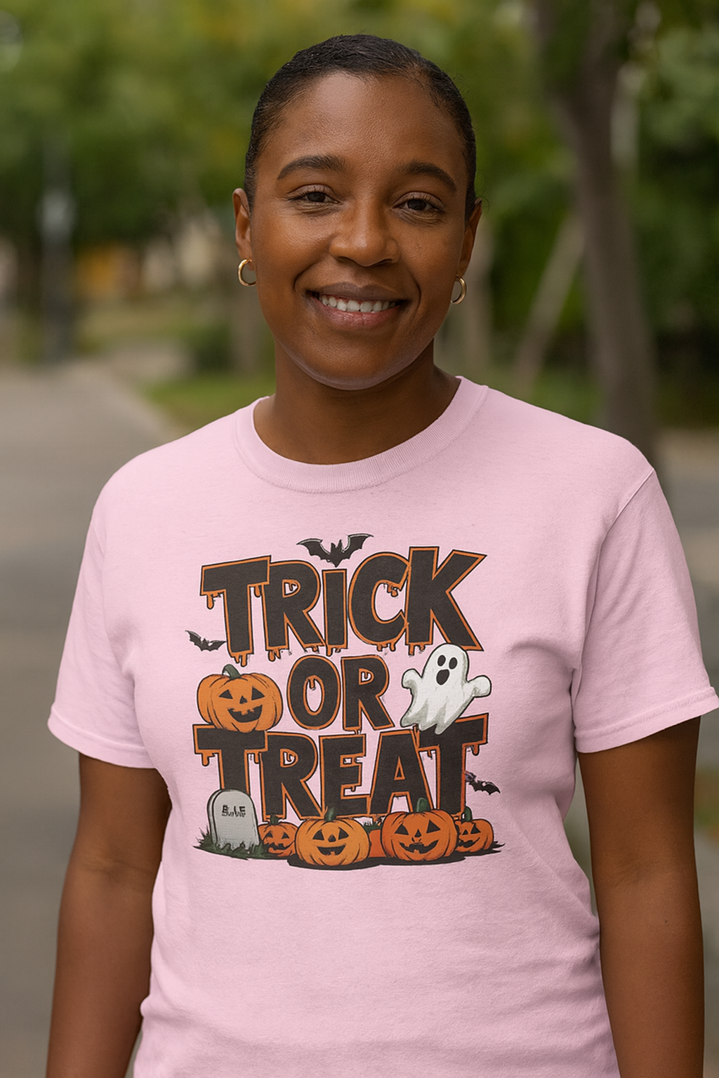 Women Halloween T-Shirt - Trick or Treat Graphic Tee, Spooky Shirt, Fall Fashion, Halloween Party Top, Ghost and Pumpkin Design