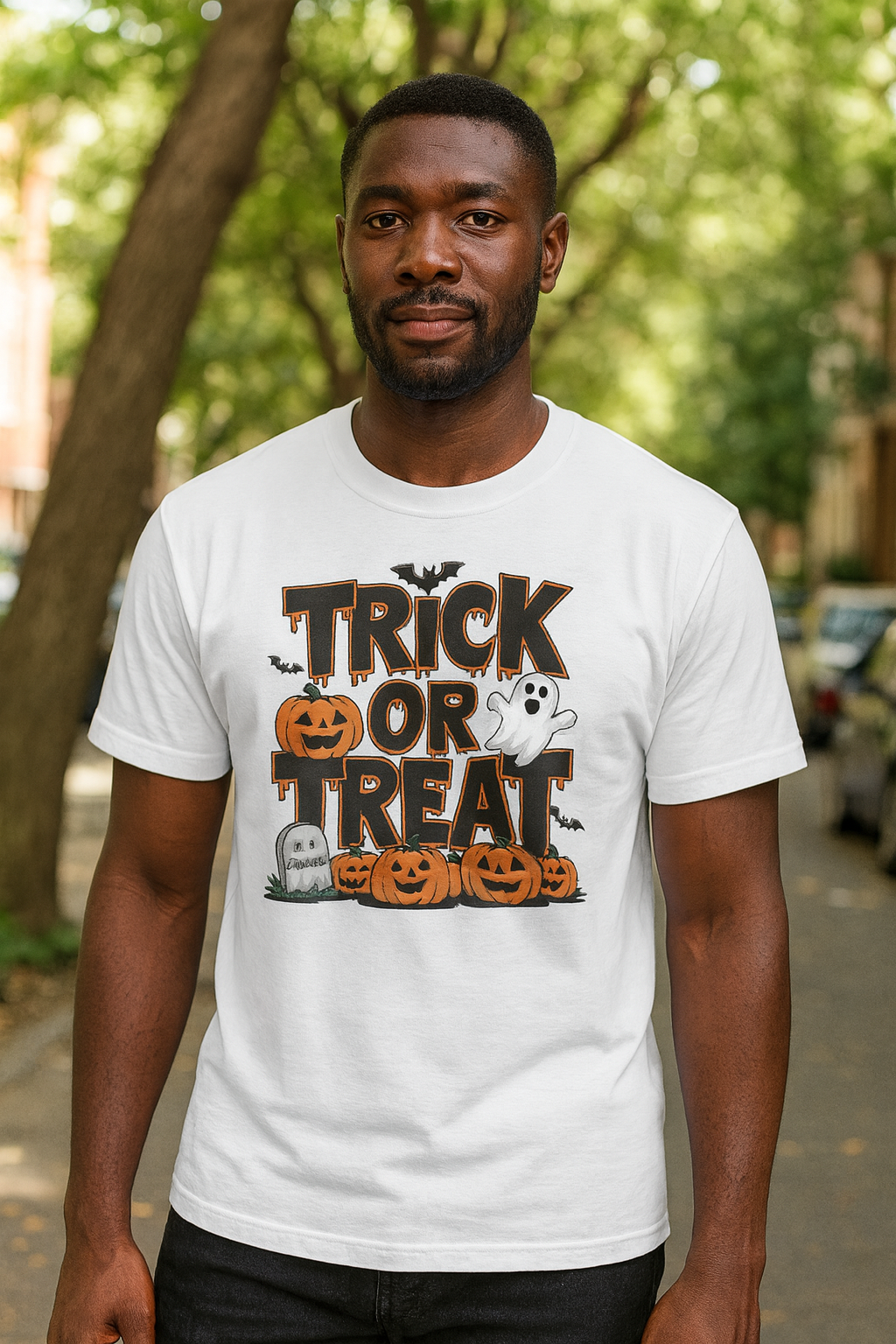 Men's Halloween T-Shirt - Trick or Treat Graphic Tee, Spooky Shirt, Fall Fashion, Halloween Party Top, Ghost and Pumpkin Design