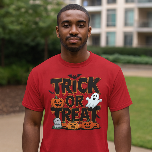 Men's Halloween T-Shirt - Trick or Treat Graphic Tee, Spooky Shirt, Fall Fashion, Halloween Party Top, Ghost and Pumpkin Design