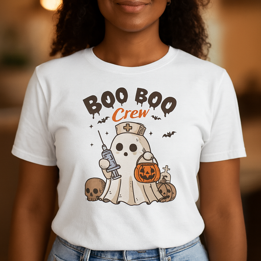 Boo Boo Nurse Crew Halloween Tee, Funny T-Shirt, Ghost Costume Top, Spooky Party Wear, October Holiday Shirt