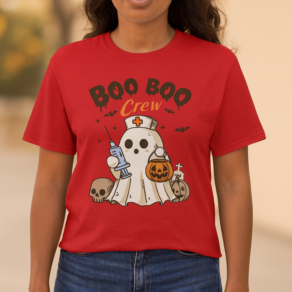 Boo Boo Nurse Crew Halloween Tee, Funny T-Shirt, Ghost Costume Top, Spooky Party Wear, October Holiday Shirt