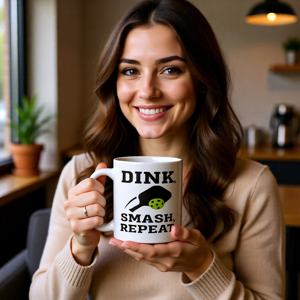 Woman holding a mug with 'DINK, SMASH, REPEAT' text in a cozy indoor setting.