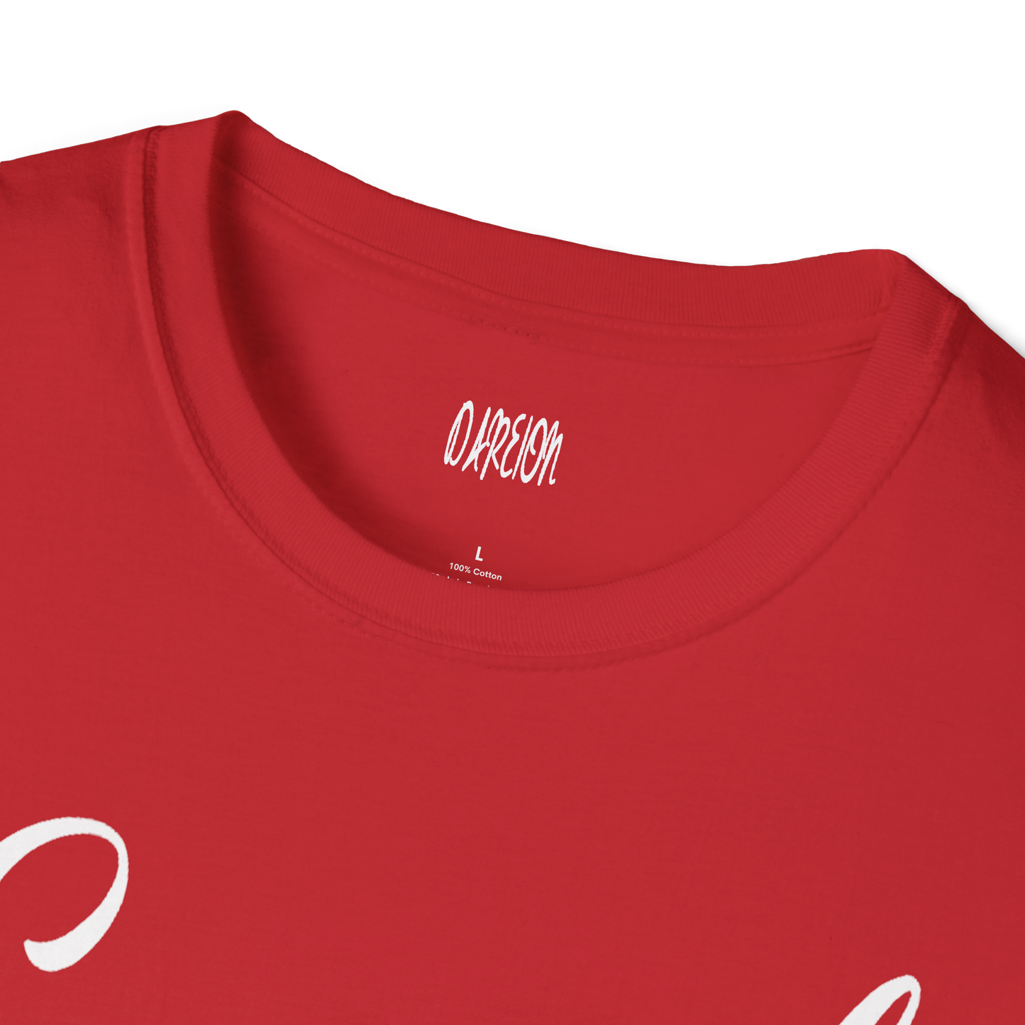 Red t-shirt with a logo on the collar and brand name printed below.