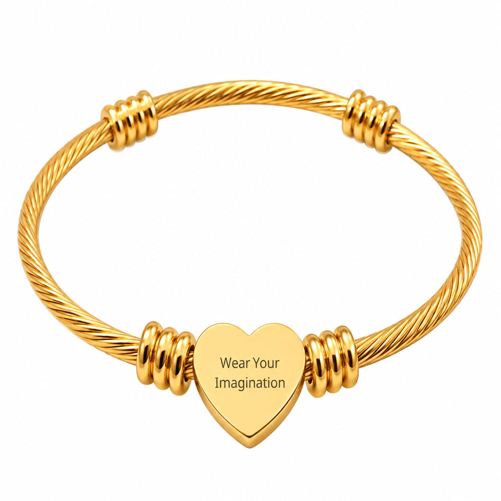 Personalized Heart Cuff Bracelet — Custom Engraved Stainless Steel Bracelet for Women