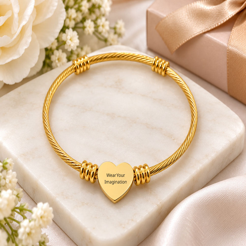 Personalized Heart Cuff Bracelet — Custom Engraved Stainless Steel Bracelet for Women
