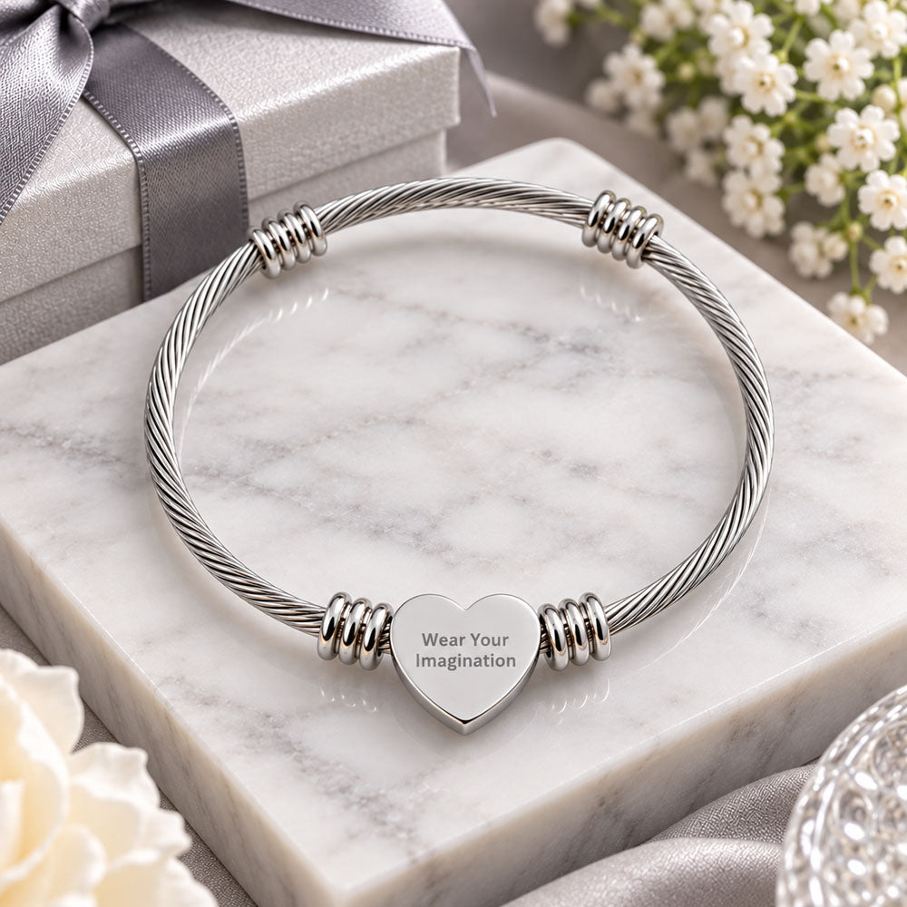Personalized Heart Cuff Bracelet — Custom Engraved Stainless Steel Bracelet for Women