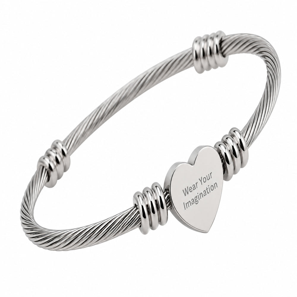 Personalized Heart Cuff Bracelet — Custom Engraved Stainless Steel Bracelet for Women