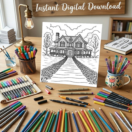 Victorian House Coloring Page Printable | Vintage Architecture Coloring Sheet for Adults