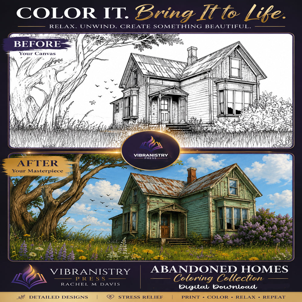 Abandoned Homes Coloring Pages for Adults | Gothic Architecture Printable PDF Coloring Pack