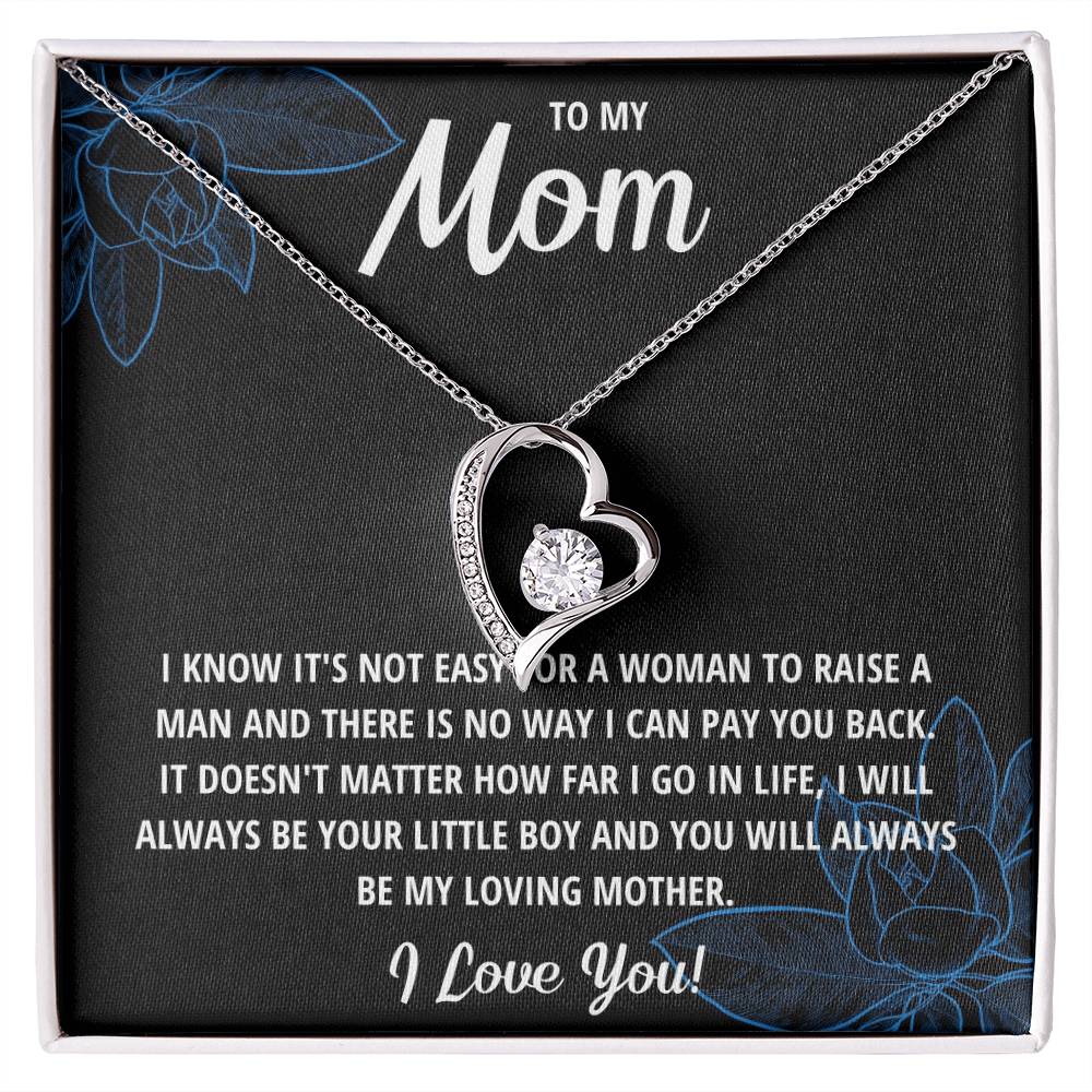 Heart-shaped necklace in a gift box with a message for mom