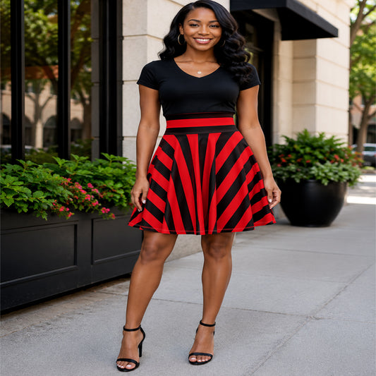Red and Black Striped Women's Skater Skirt