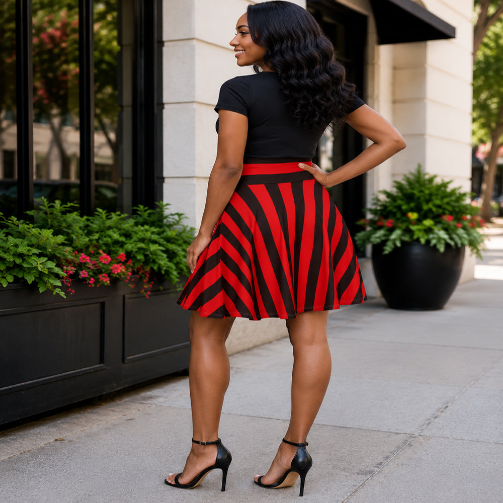 Red and Black Striped Women's Skater Skirt