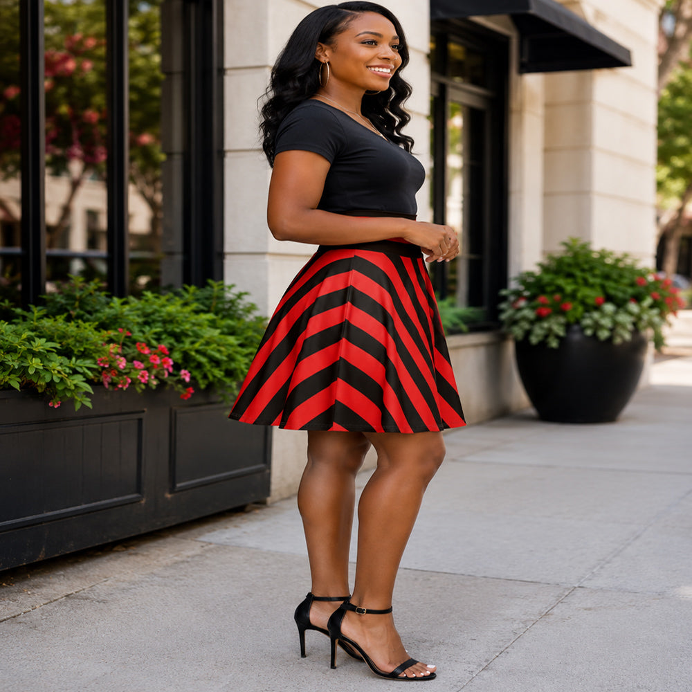 Red and Black Striped Women's Skater Skirt