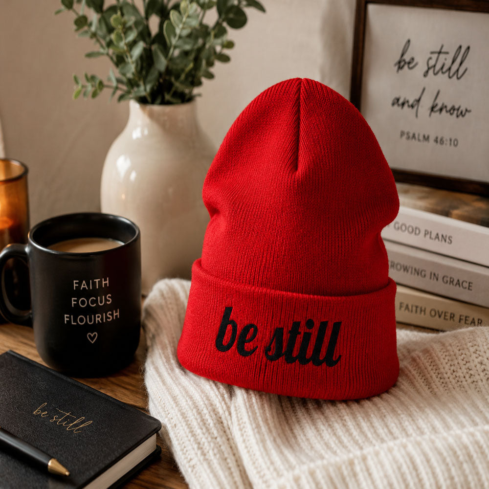 Be Still Embroidered Beanie – Minimalist Faith-Inspired Cuffed Knit Hat for Women & Men