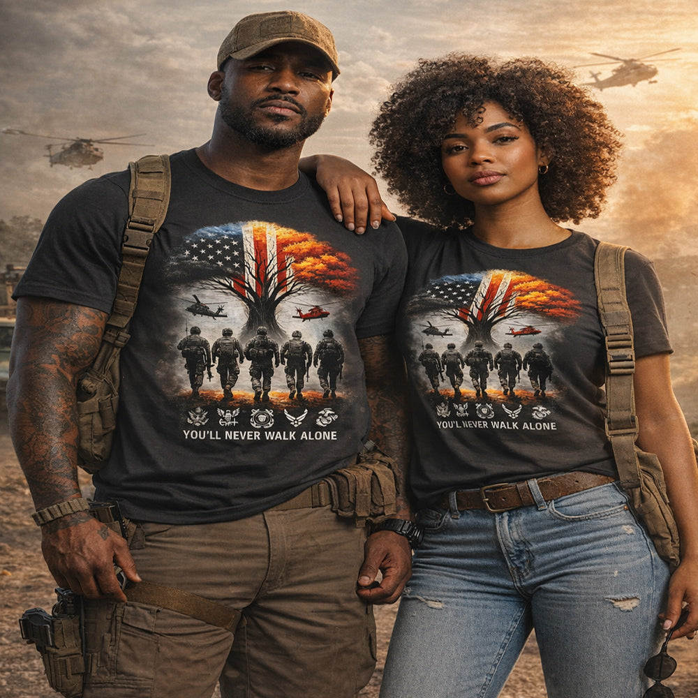 Veteran Memorial T-Shirt – "You'll Never Walk Alone" American Patriotic Soldier Design | Veteran Support Tee