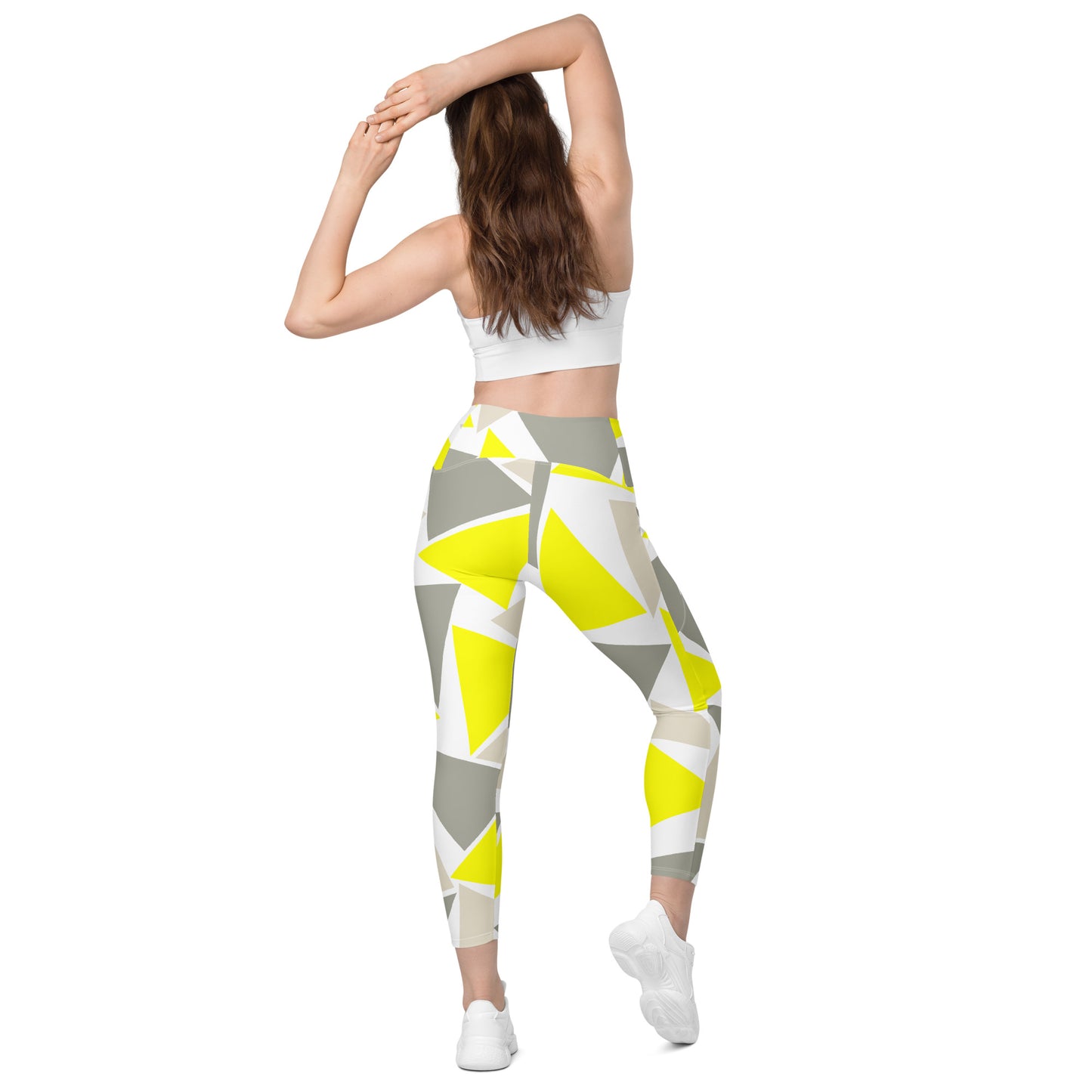Yellow and Gray Triangle Design Leggings with Pockets