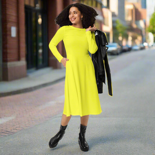 Yellow Long Sleeve Midi Dress