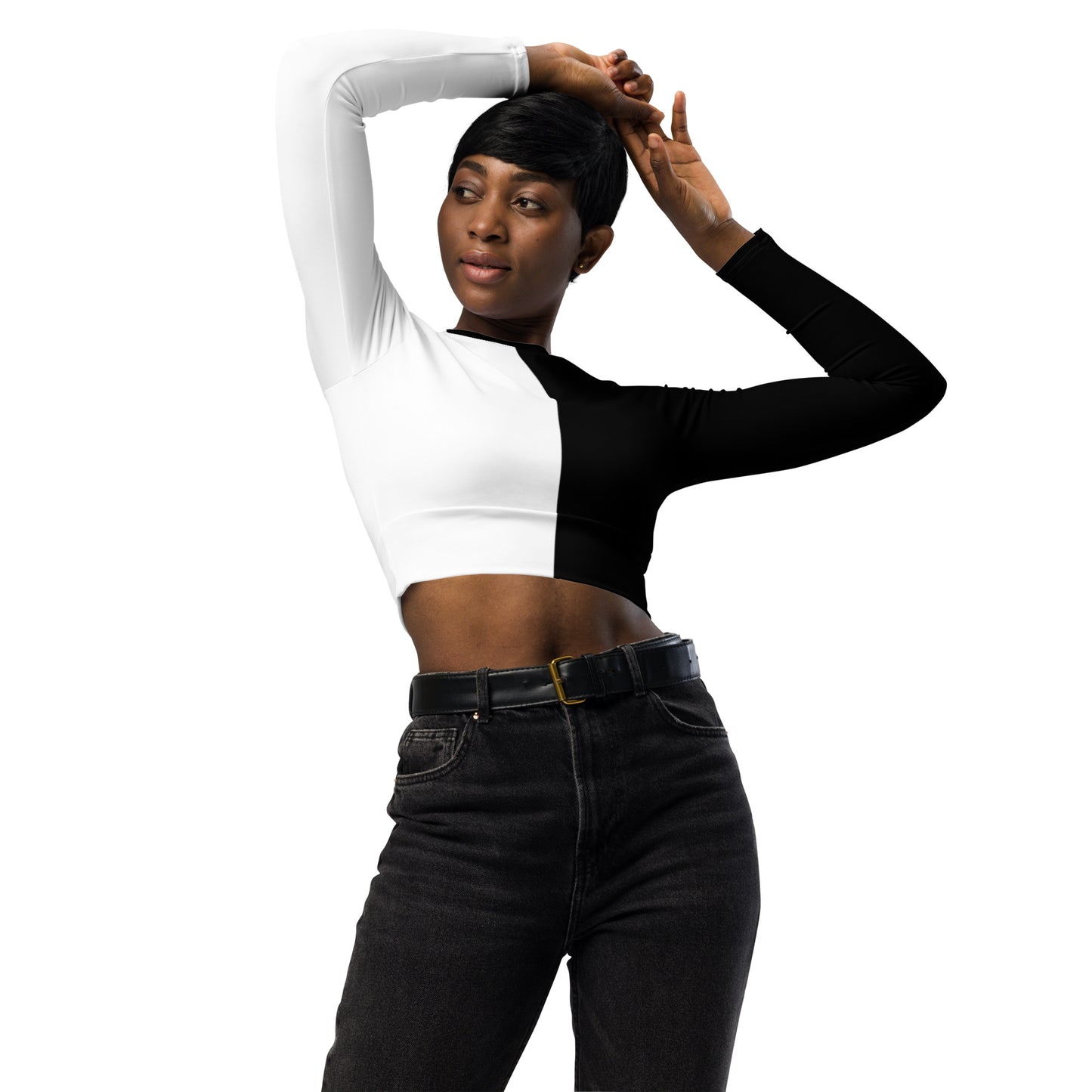 Black and White Recycled Long Sleeve Crop Top
