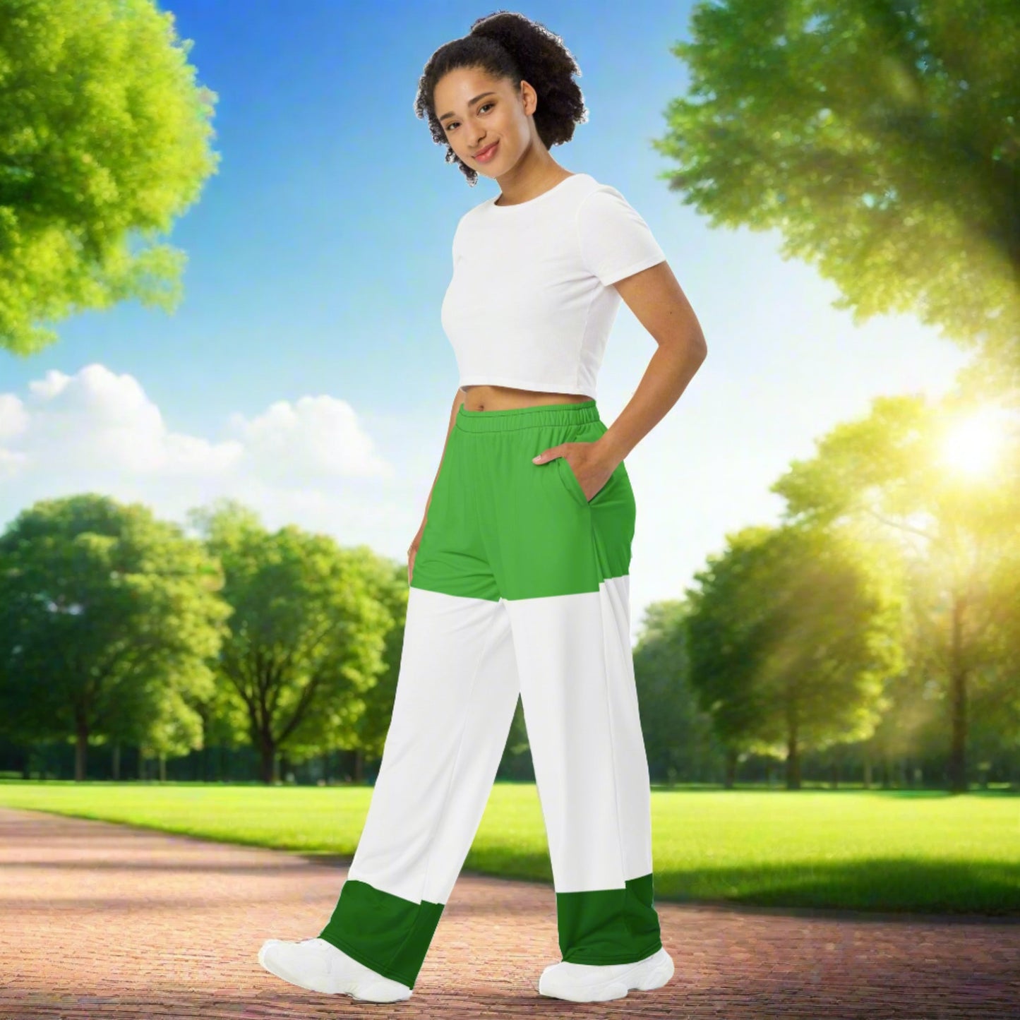 green and white wide leg pants