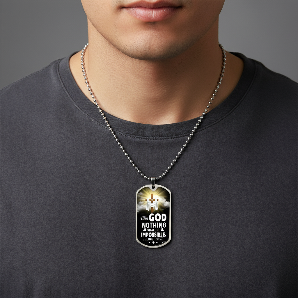Silver dog tag Christian necklace for men