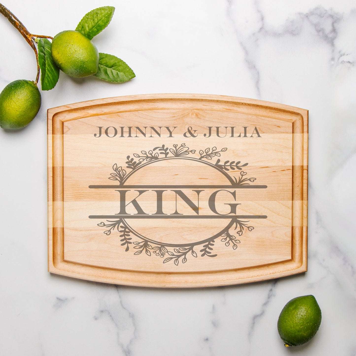 Personalized Monogram Arched Wood Cutting Board with Groove - 12" x 9"