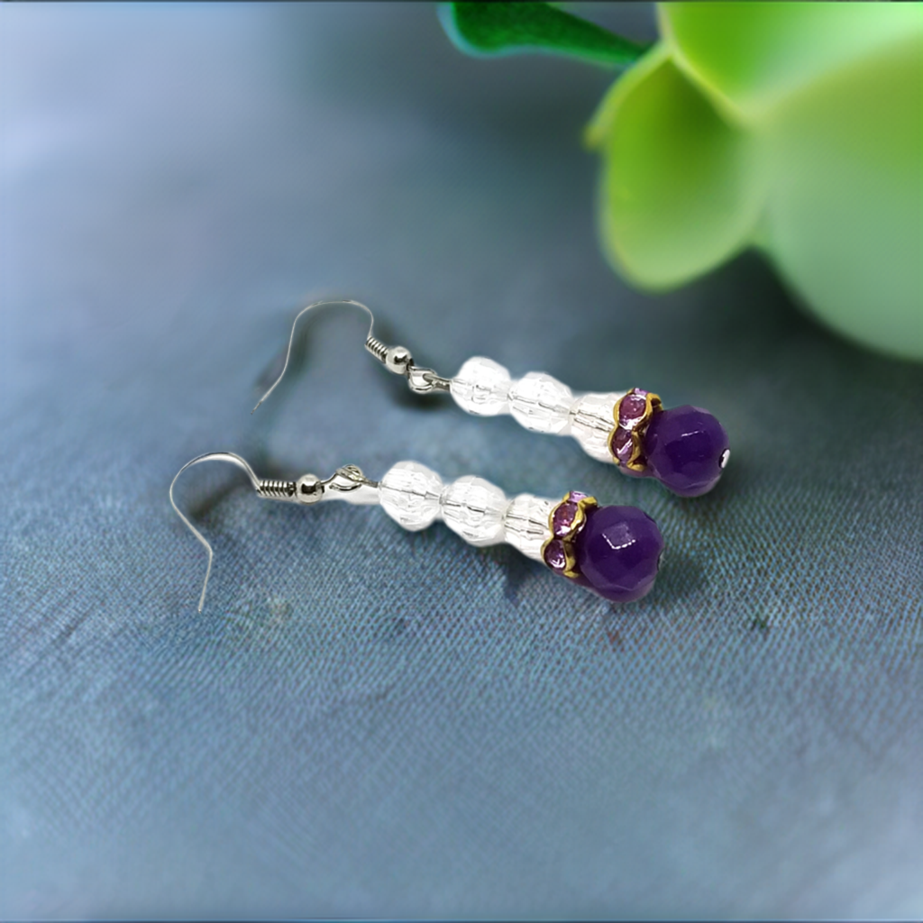 Crystal Earrings with Purple Amethyst Round Beads