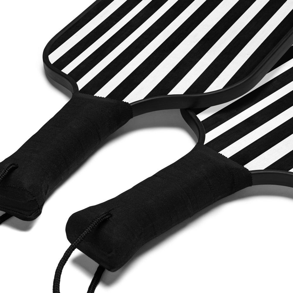 Black & White Stripe Pickleball Paddle Set with Balls & Carry Bag | Wooden Paddle Kit