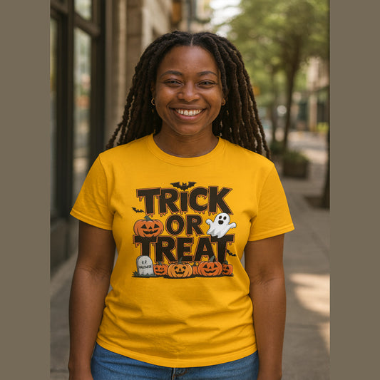 Women Halloween T-Shirt - Trick or Treat Graphic Tee, Spooky Shirt, Fall Fashion, Halloween Party Top, Ghost and Pumpkin Design